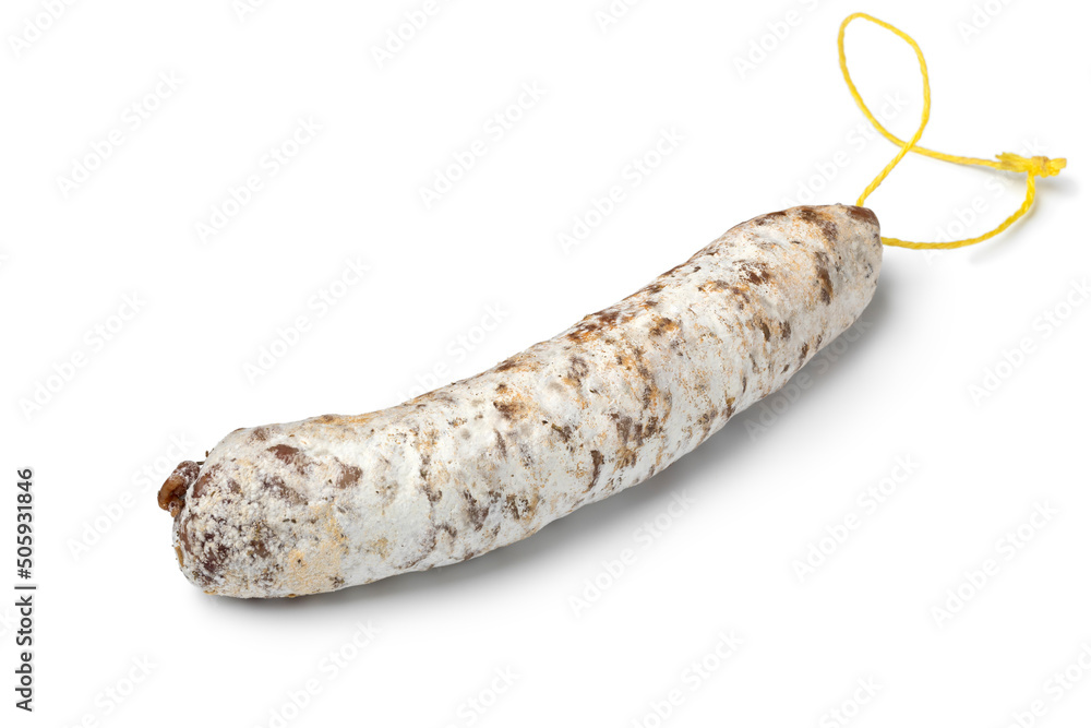 Single Traditional French sausage with duck meat isolated on white background close up Single Traditional French sausage with duck meat isolated on white background close up