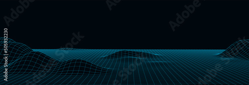 Technology perspective grid with mountain landscape background. Vector digital space wireframe landscape. Mesh on a black background