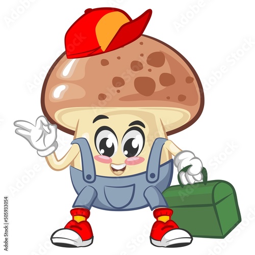 vector illustration of cute mushroom mascot of handyman with toolbox