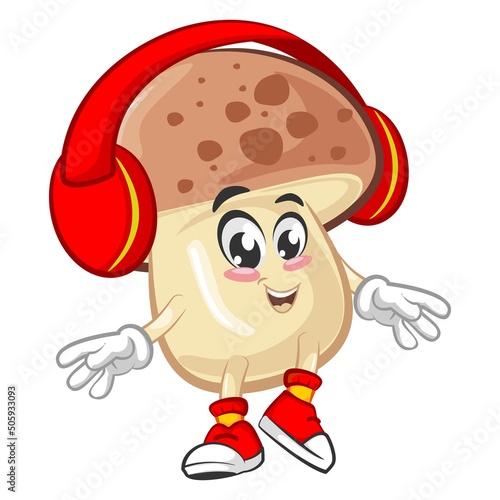 vector illustration of a cute mushroom mascot listening to a headset