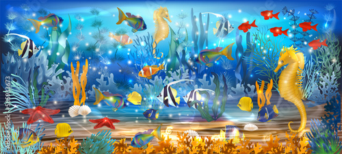 Underwater wallpaper with seahorse tropical fish. vector illustration