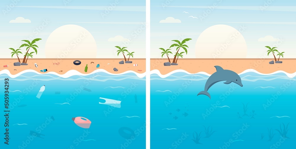 Polluted and clean sea water concept. Different garbage floating in ocean set. Clean coastline and polluted. Environmental pollution concept. Global marine pollution and environmental problems.