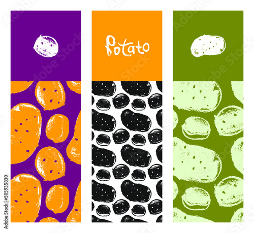 Vector potatoes pattern seamless. Hand drawn potato drawings, root vegetable illustration. Vegetarian restaurant banner. Botanical background for food label, chips packaging. Home cooking courses. 