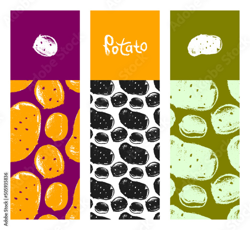 Vector potatoes pattern seamless. Hand drawn potato drawings, root vegetable illustration. Vegetarian restaurant banner. Botanical background for food label, chips packaging. Home cooking courses. 