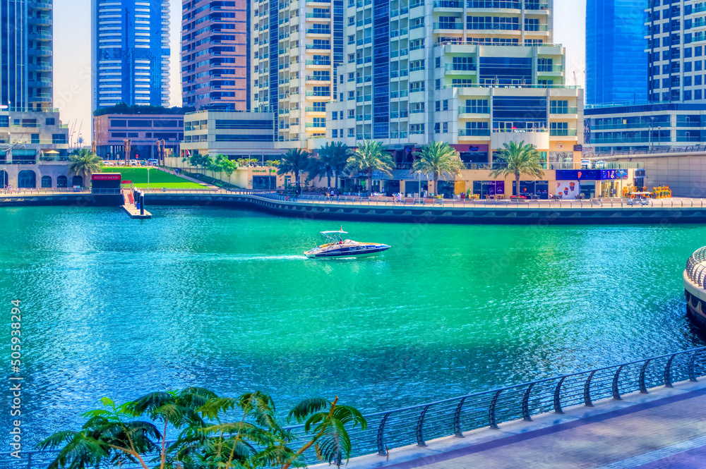 Modern buildings around Dubai marina in Dubai, UAE.
