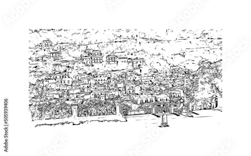 Building view with landmark of Modica is a city in Italy. Hand drawn sketch illustration in vector.