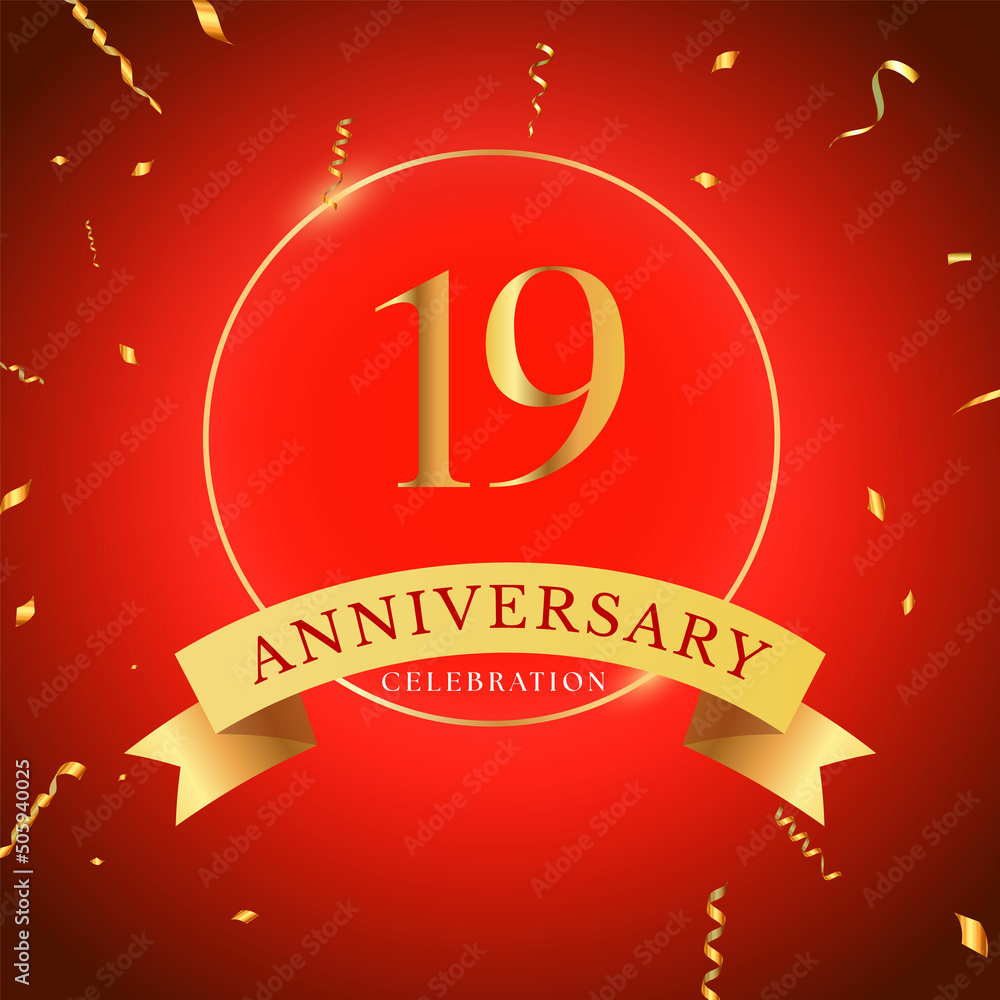 19 years anniversary celebration with gold frame and gold confetti isolated on red background. 19 years Anniversary logo. Vector design for greeting card, birthday party, wedding, event party.