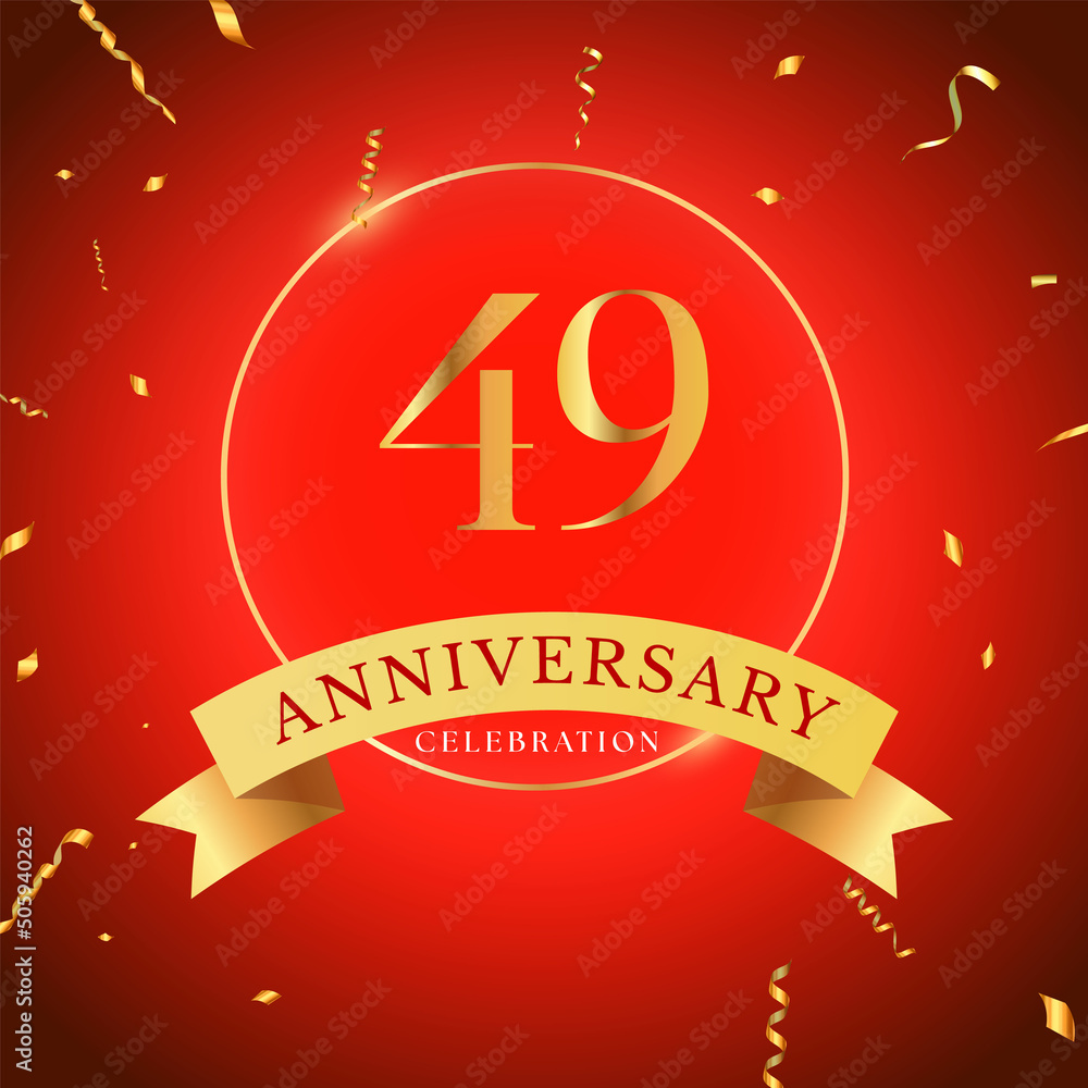 49 years anniversary celebration with gold frame and gold confetti isolated on red background. 49 years Anniversary logo. Vector design for greeting card, birthday party, wedding, event party.