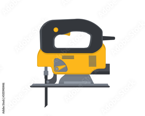 Jig saw with steel toothed blade. Vector flat woodworking tool. Electric hand tool for cutting wood or metal. Building equipment.