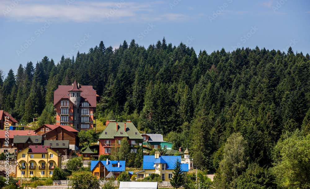 cottages in the valley in the Ukrainian Carpathians