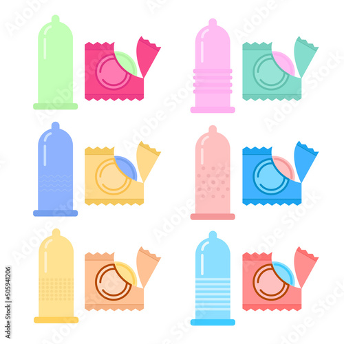 Set of condom and torn packages isolated on white background. Vector illustration