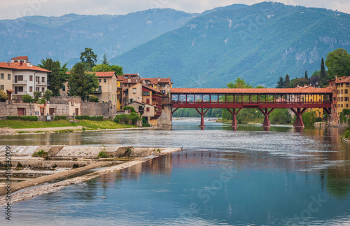 View of the Alpini Bridge with the Brenta River in Bassano del Grappa, Vicenza, Veneto, Italy, Europe