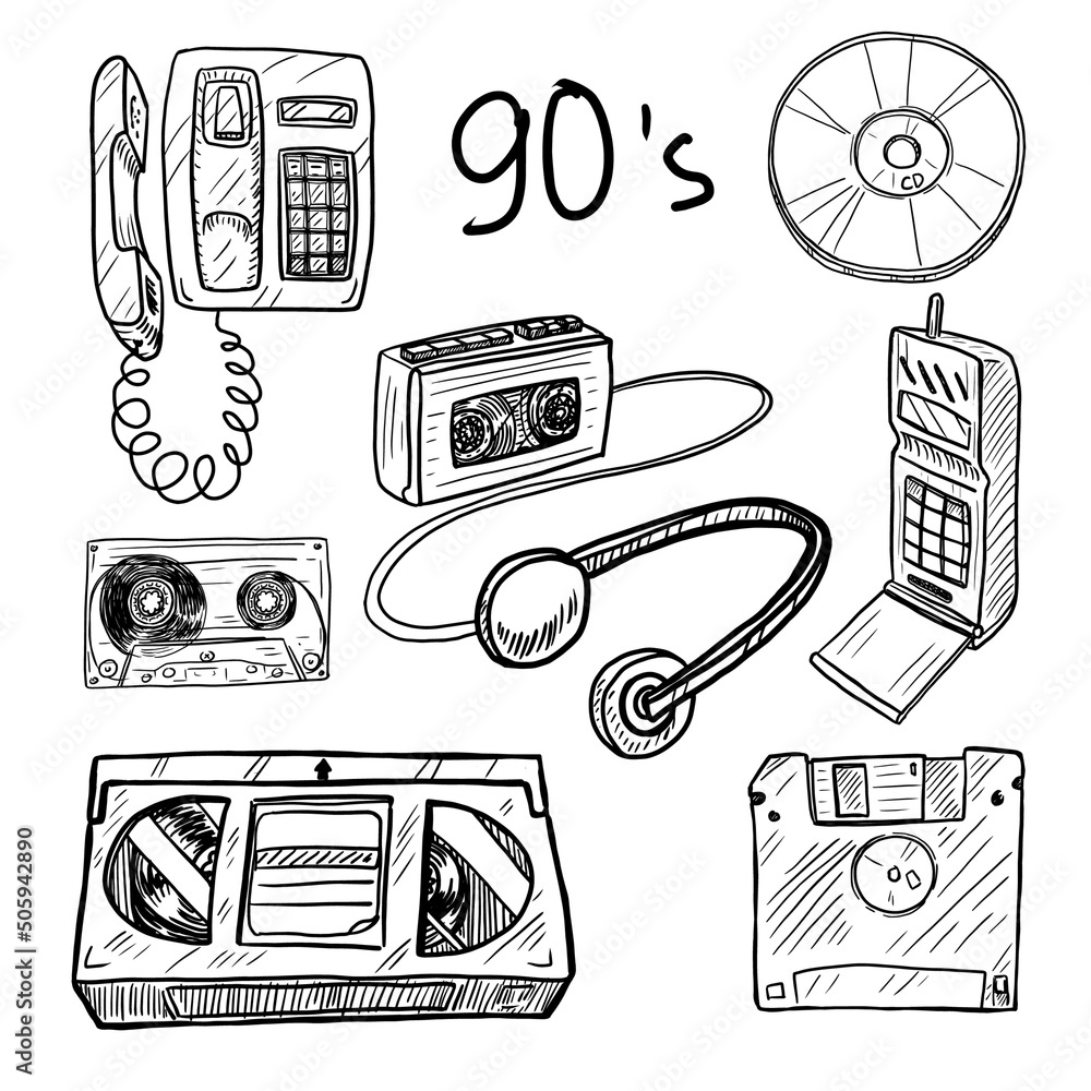 Set Of Things From The 90s Vector Illustration Isolated On White set-of-things-from-the-90s-vector-illustration-isolated-on-white