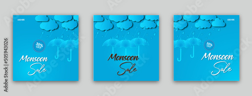 Monsoon sale banner template design with clouds and umbrella on blue background. Overcast sky with rain Vector illustration web banner, flyer, or poster for monsoon season banner seat of three