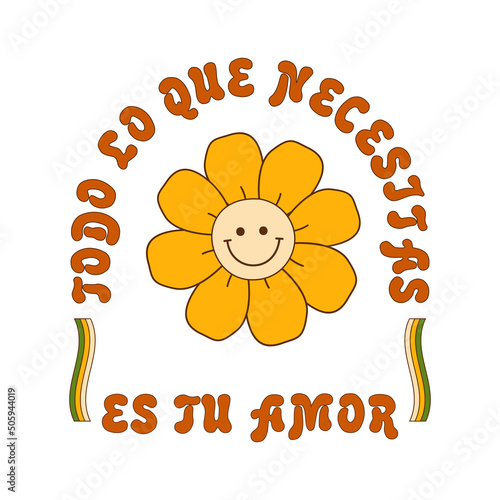 Groovy quote in Spanish language means All you need is love. Retro groovy daisy flower illustration print photo