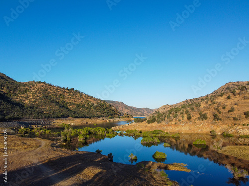 An Aerial UAV Drone View of the Kaweah River Upper Delta above the Lake showing the Hiking Trails and the Geologic Depositions 