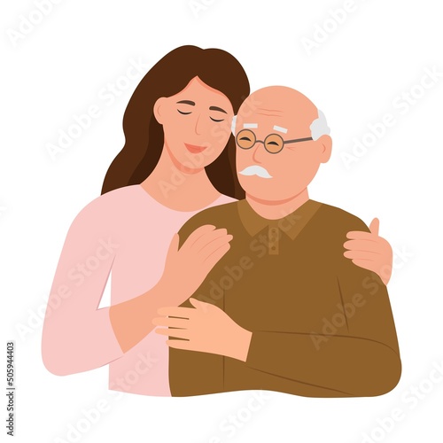 Happy Young woman hugging her old father with love. Father and daughter. Father's day .Portrait of young woman hugging her grandpa. Friendly family relationship. vector flat illustration