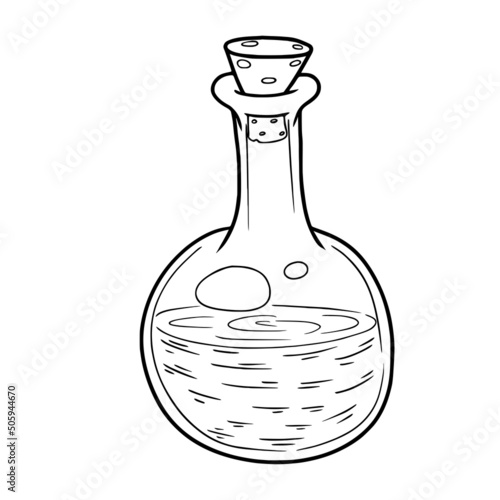 Sketch of a bottle of poison or elixir. Magic dishes. Vial for the witch's potion. Black and white freehand drawing in doodle style.