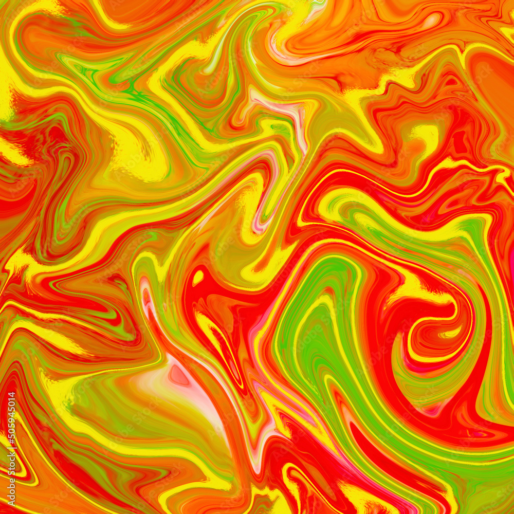 Red, green, orange marble texture design, abstract painting, fashion art print. Red, green, orange and yellow waves. Fluid marble texture. Red, green, orange marble texture design, abstract painting, fashion art print. Red, green, orange and yellow waves. Fluid marble texture.