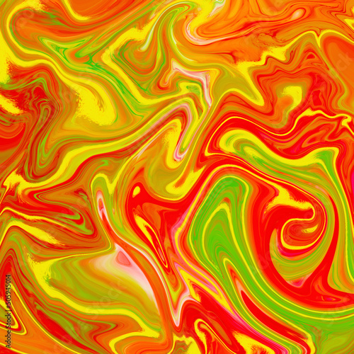 Red, green, orange marble texture design, abstract painting, fashion art print. Red, green, orange and yellow waves. Fluid marble texture.