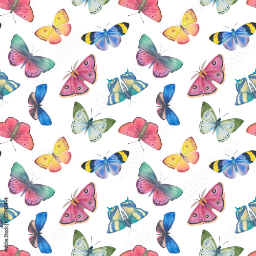 Butterflies seamless pattern. Multicolored watercolor butterflies for design, scrapbooking, wrapping paper, wallpapers, textiles.