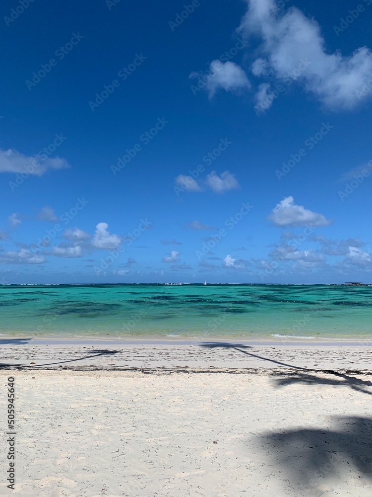 TURQUOISE WATER, PUNTA CANA BEACH, PARADISE, BLUE SKY, WITH SOME CLOUDS - DOMINICAN REPUBLICAN, FEBRUARY, 2020