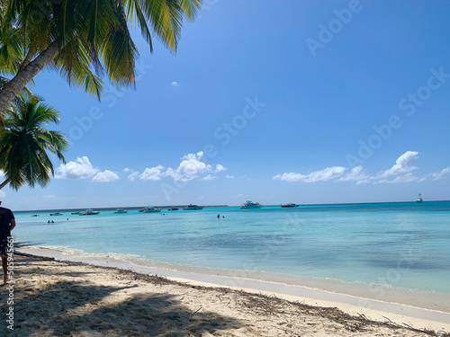 TURQUOISE WATER ON A PARADISE BEACH, ISLA SAONA, BLUE WATER, SUN, PALMS AND SANDS, CARIBBEAN BEACH, PUNTA CANA, DOMINICAN REPUBLIC, FEBRUARY 2021
