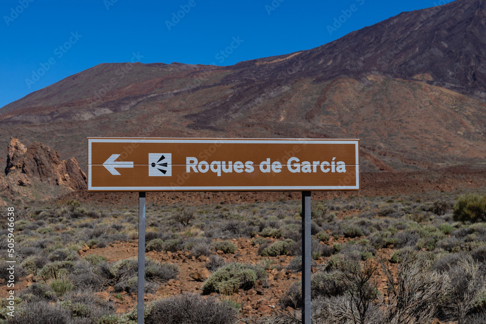 Signpost Roques de Garcia in Tenerife Mountains, Canary Islands