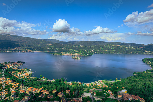 Panoramic view of the lake Orta and the natural landscape of the hills surrounding Orta San Giulio, Italy.