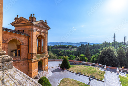Historic church overlooking the city of Bologne, Italy photo