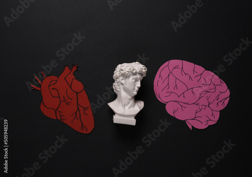Anatomical paper heart and brain  David bust on black background. Top view