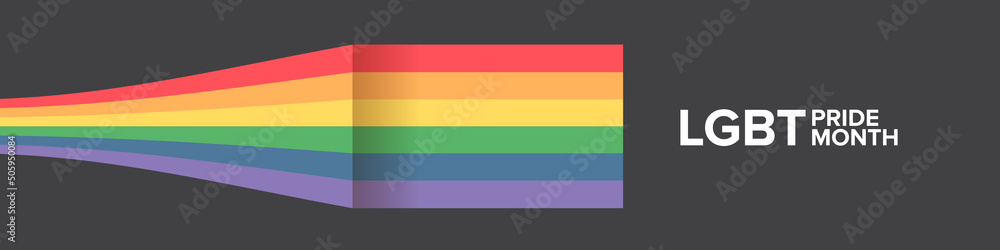 Happy pride month horizontal banner with pride color striped ribbon flag isolated on grey background. LGBT Pride month or pride day poster, flyer, invitation party card modern style design template.