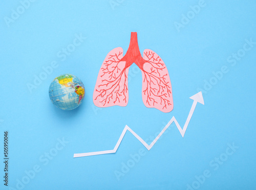 Covid 19 pandemic, disease statistics. Anatomical lungs with globe and growth arrow on blue background