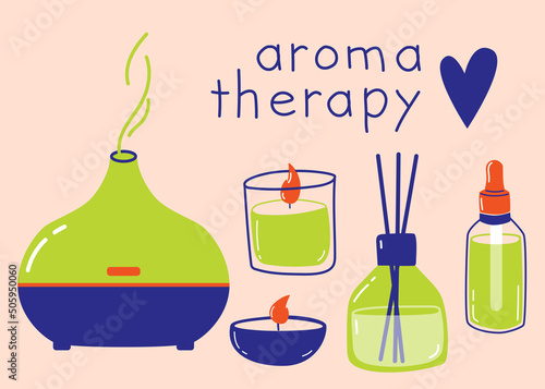 set with the image of the diffuser and candles concept of aromatherapy elements isolated bottles