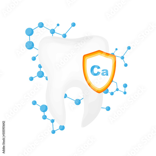 Human tooth with a calcium protection shield and cell structure background. Strong, healthy and protected teeth vector illustration concept on white background.