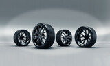 3d render of rubber tires on cast steel rims. Wheel sale concept. Auto repair shops.