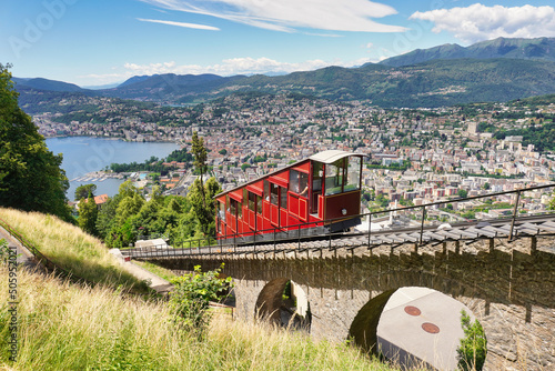 Lugano, canton of Ticino, Switzerland. Monte Brè funicular. Public transport cable car with scenic view over the city. photo
