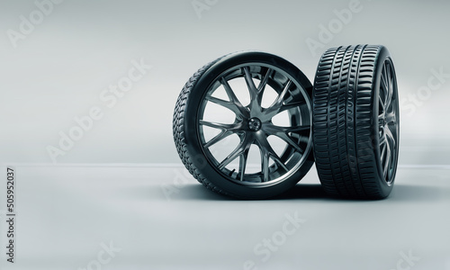 3d render of rubber tires on cast steel rims. Wheel sale concept. Auto repair shops.