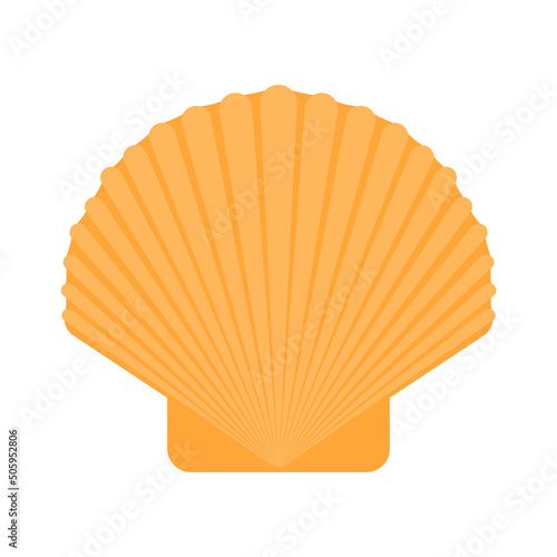 Sea shell isolated on white background. Minimalist tropical cockleshell. Flat vector illustration of yellow scallop. Beach summer element. Ocean fauna