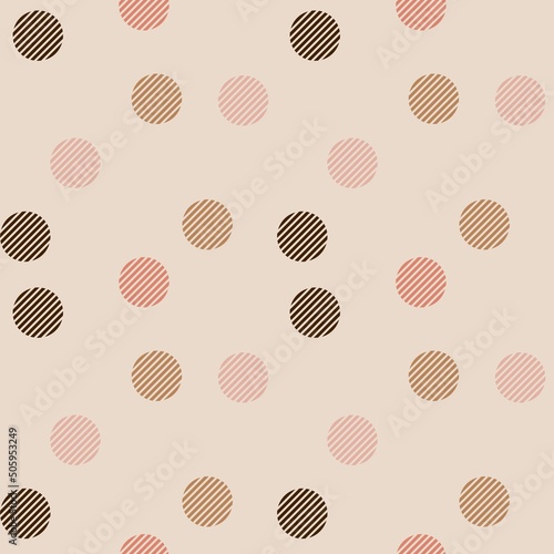 Brown and pink retro straight line circle, random seamless pattern on the cream background. Vector illustration.