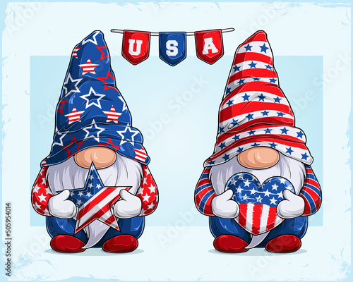 Cute gnomes in 4th of July disguise holding USA Star and heart celebrating American independence day