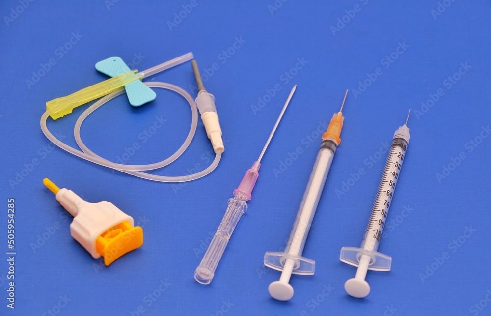 Different kinds of needles used in hospitals including lancet needle