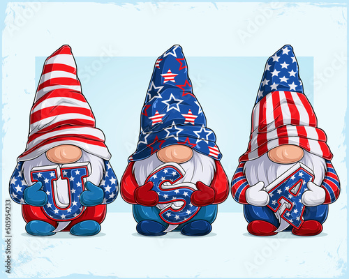 Cute gnomes in 4th of July disguise holding 3d USA alphabets celebrating American independence day