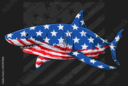 Great white shark with USA flag pattern for 4th of July, American independence day and Veterans day