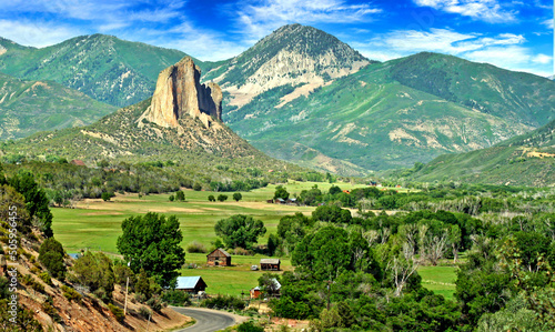 Colorado's Needle Rock, a landmark near the town of Crawford, is a volcanic plug in the Gunnison River Valley photo