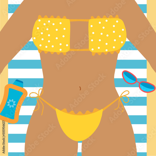 Summer poster with a tanned girl in bikini sunbathing on a beach. Summertime holidays.