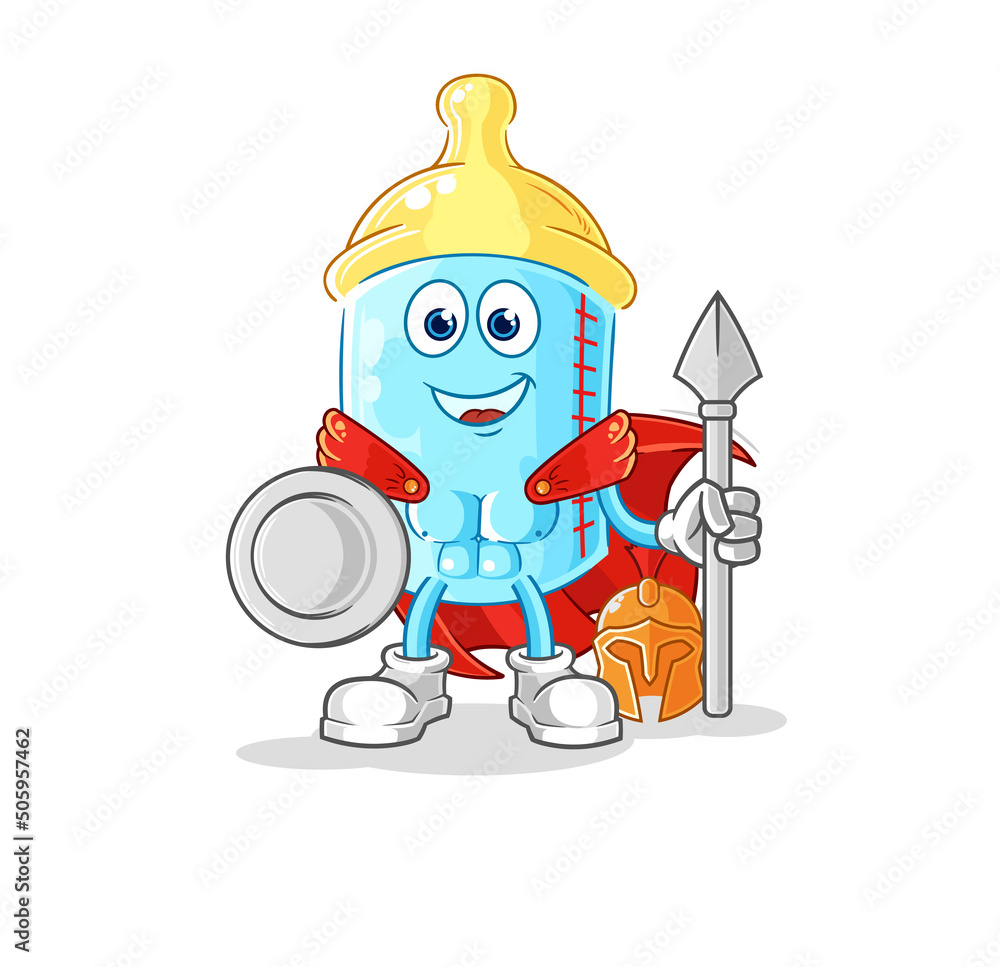Obraz premium baby bottle spartan character. cartoon mascot vector