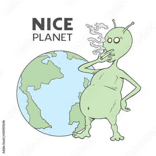 Funny alien smoking and planet draw