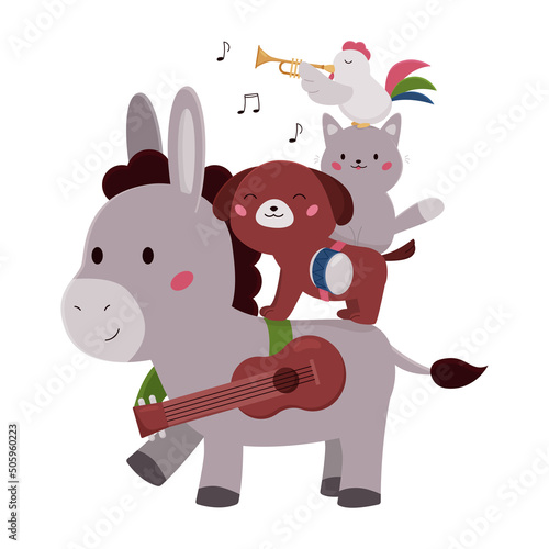 Bremen town musicians on white background. Cartoon kawaii animals, donkey, dog, cat and rooster. German fairy tale. Vector illustration for children books.