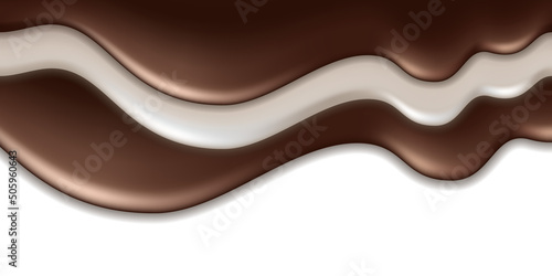 Chocolate cream and milk wave splash, liquid flowing texture wave swirl, white cream and dark brown chocolate. Melted drip isolated on white background. Vector illustration